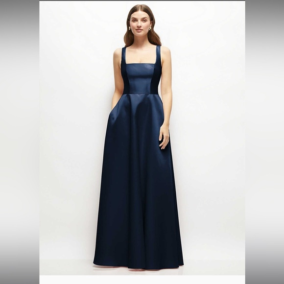 Dessy Collection Ace Satin Twill Gown in Midnight Navy - Picture 1 of 5